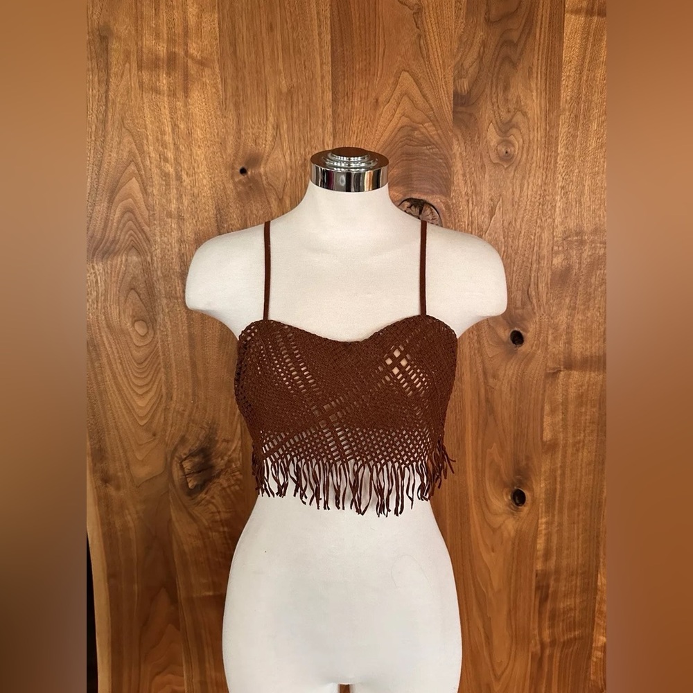 Vintage 90' s La Perla Hand stiched Lattice design Crop Top w Fringe